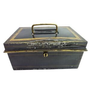 Vintage Bank Box Antique Metal Box Cash Box Lock Box Document Box